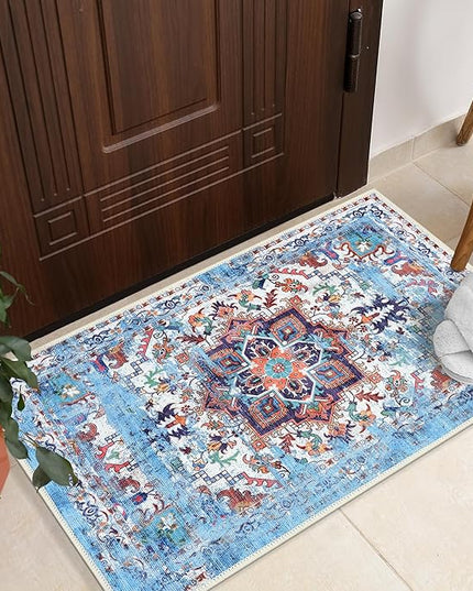 GLN Rugs Traditional Collection - Machine Washable Area Rug, Traditional Washable, Non Slip, Low Pile Chenille Rug, Living Room, Bedroom, Kitchen Rug (2'x3' Blue)