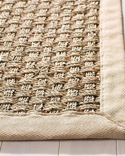 SAFAVIEH Area Rug 4' Square - Natural Fiber Collection - Natural & Beige, Seagrass, Basketweave Pattern with Border (NF114A)