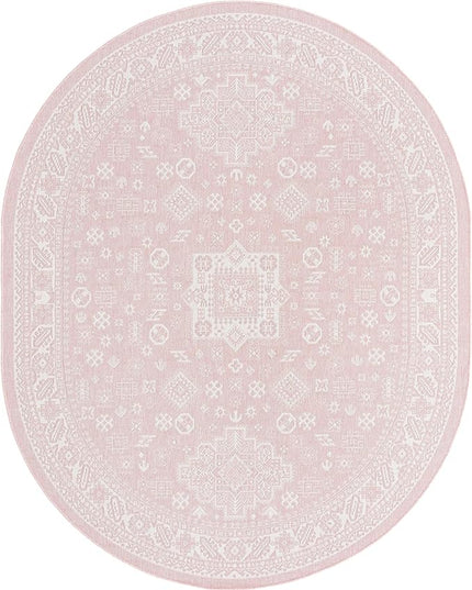 Rugs.com Outdoor Aztec Collection Rug – 8' x 10' Oval Pink Flatweave Rug Perfect for Living Rooms, Large Dining Rooms, Open Floorplans