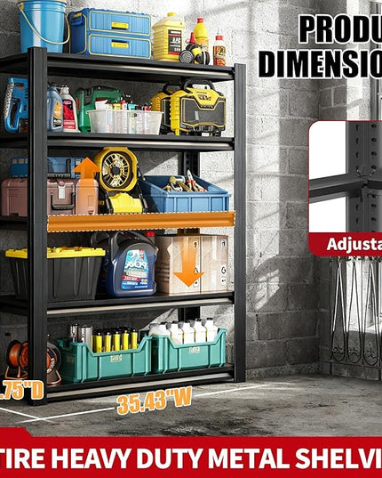 72" H Garage Shelving, Metal Storage Shelves, Adjustable 5 Tier Storage Rack, Heavy Duty Shelving, Industrial Utility Shelf for Garage, Warehouse, Bedroom, Kitchen,16" D×36" W×72" H, Black