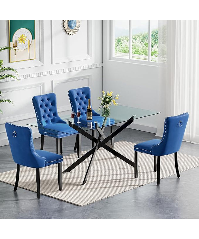 HomVent 5 Piece Rectangular Glass Dining Table Set, Tempered Glass Dinner Table Set for 4 Kitchen Table Set with 4 Velvet Upholstered Chairs for Kitchen Dining Room