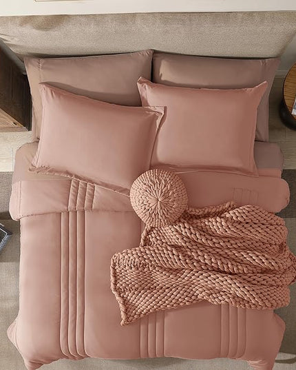 Monbix King Size Comforter Set - 7 Pieces Bed in a Bag King, Clay Pink Bedding Sets with Comforter, All Seasons Down Alternative Comforter Bed Set with Sheets, Pillowcases & Shams