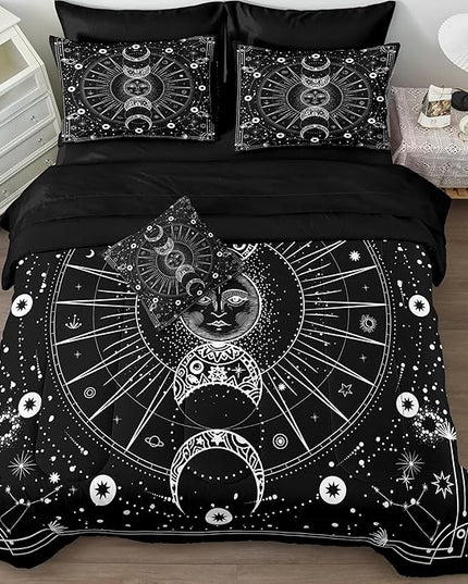 Bedbay Sun and Moon Comforter Set King Size Boho Hippie Bedding Trippy Cosmos Celestial Decor Soft Cozy Galaxy Bed Set 8 Pcs King Bed in a Bag Black and White Galaxy Comforter Set(White,King)