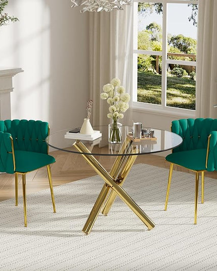 Gold Luxury Round Dining Table Set for 2, 3 Pcs Modern Minimalist Circle Dinner Room Set, 36'' Clear Circular Glass Top Kitchen Table with Green Woven Chairs Set, for Home Small Apartment