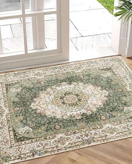 Small Rugs 2x3,Green Rug for Entryway Bathroom Bedroom Kitchen Entrance Doormat,Boho Vintage Bohemian Distressed Washable Accent Floor Throw Carpet Non Slip,Floral