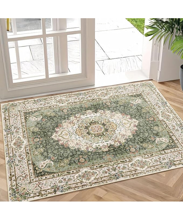 Small Rugs 2x3,Green Rug for Entryway Bathroom Bedroom Kitchen Entrance Doormat,Boho Vintage Bohemian Distressed Washable Accent Floor Throw Carpet Non Slip,Floral