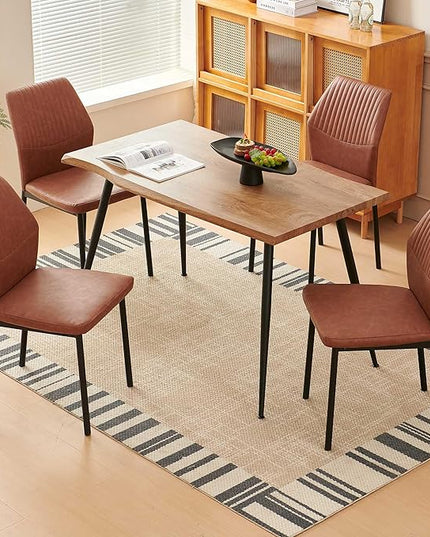 Dining Table Set for 4, Modern Wood Irregular Rectangle Dining Table,Leather Dining Chairs 4,Table and Chairs Set of 4 for Kitchen Dining Room, Brown