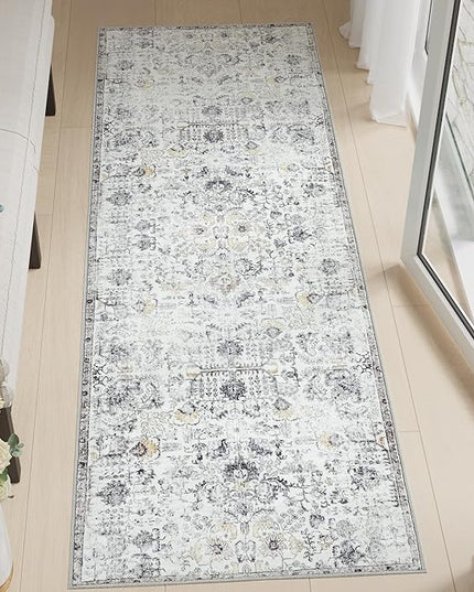jinchan Kalen Runner Rug 3x7 Washable Area Rug Soft Indoor Floor Cover Thin Retro Distressed Grey Multi Carpet Floral Print Country Boho Non Slip for Bathroom Kitchen Bedroom Living Room