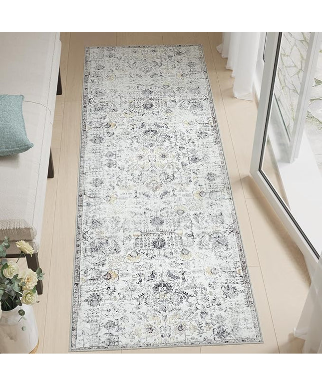 jinchan Kalen Runner Rug 3x7 Washable Area Rug Soft Indoor Floor Cover Thin Retro Distressed Grey Multi Carpet Floral Print Country Boho Non Slip for Bathroom Kitchen Bedroom Living Room