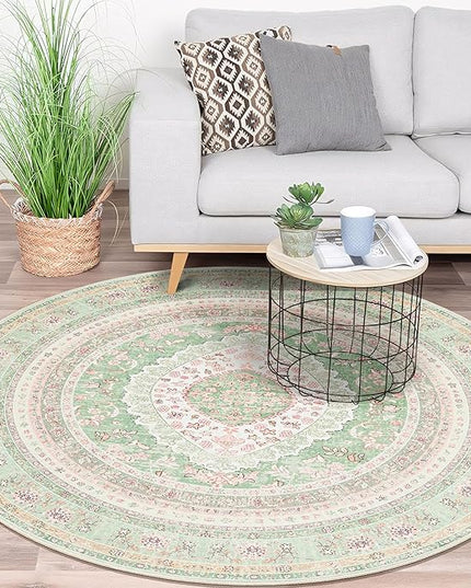Round Area Rugs 5ft Washable,Green Rug for Living Room Bedroom Dining Room,Large Boho Vintage Bohemian Distressed Oriental Carpet Non Slip,Sage Blush Floral
