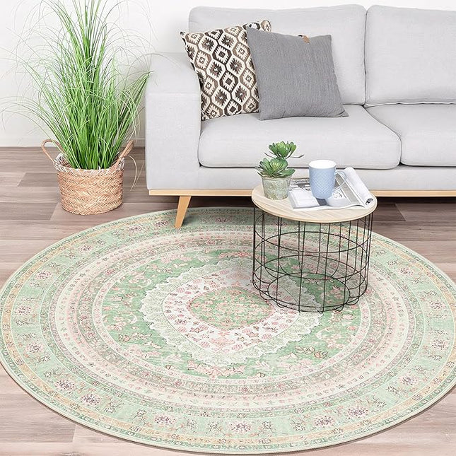 Round Area Rugs 5ft Washable,Green Rug for Living Room Bedroom Dining Room,Large Boho Vintage Bohemian Distressed Oriental Carpet Non Slip,Sage Blush Floral