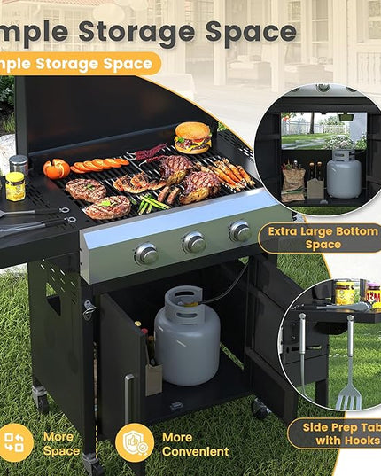 DIFY 3-Burner Propane Gas Griddle Grill, 28 in Flat Top Griddle Grill with Porcelain-Enameled Grates and Stainless Steel Frying Pan, 36000 BTU Output Barbecue Grills for Outdoor Barbecue