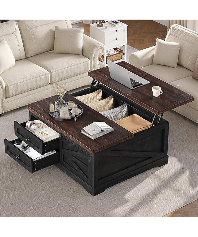 Itaar 39.4'' Lift Top Coffee Table with Storage, Farmhouse Coffee Tables for Living Room, Square Coffee Table with Large Hidden Compartment & 2 Drawers & Adjustable Shelves, Black
