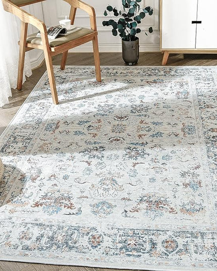 jinchan Area Rug 3x5 Entryway Rug - Washable Vintage Boho Floral Floor Cover Lightweight Low Pile Indoor Doormat Thin Non-Slip Carpet for Kitchen Living Room Bedroom Dining Room Office Grey Multi