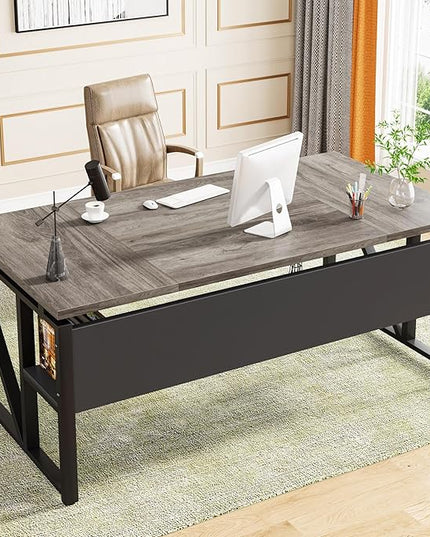 Tribesigns 63 inches Computer Desk with Bottom Storage Shelf Home Office Desk Writing Table for Workstation,Dark Walnut + Steel Leg， Cabinet not Included (Grey, 63-inch-with Shelf)