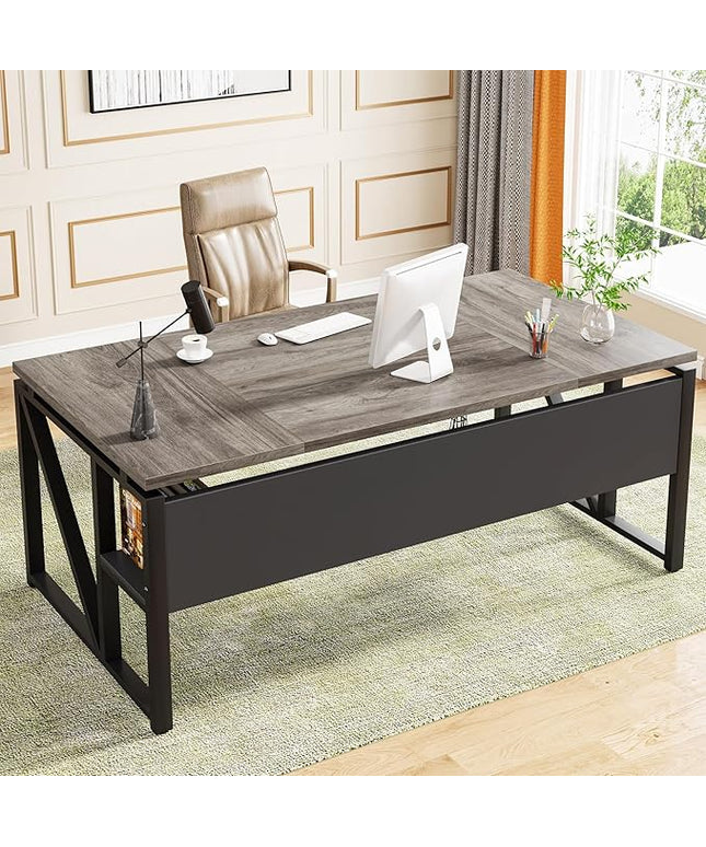 Tribesigns 63 inches Computer Desk with Bottom Storage Shelf Home Office Desk Writing Table for Workstation,Dark Walnut + Steel Leg， Cabinet not Included (Grey, 63-inch-with Shelf)