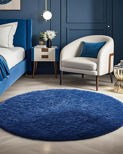 Ophanie Round Rug 4Ft Blue Circle Area Rug, Boys Room Decor, Fluffy Fuzzy Bedroom Carpet, Plush Soft Shaggy Living Room Rugs for Kids Home Decor Aesthetic, Nursery