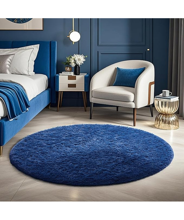 Ophanie Round Rug 4Ft Blue Circle Area Rug, Boys Room Decor, Fluffy Fuzzy Bedroom Carpet, Plush Soft Shaggy Living Room Rugs for Kids Home Decor Aesthetic, Nursery