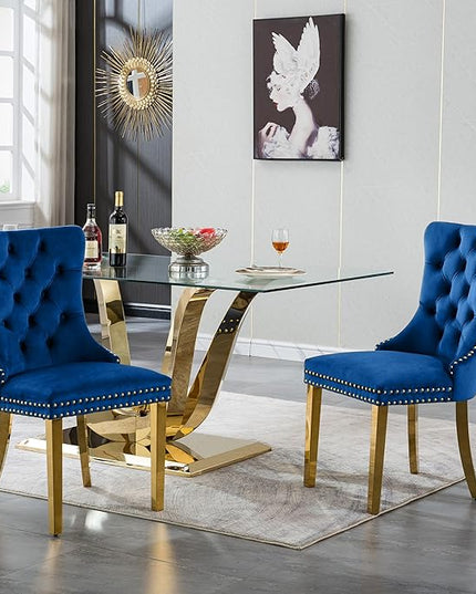 70" Modern Gold Glass Dining Table Set for 6, 7-Piece Rectangle Kitchen Dining Room Table Set with Steel Base & 6 Blue Velvet Upholstered Chairs, Modern Glass Kitchen Table and Chairs Set of 6