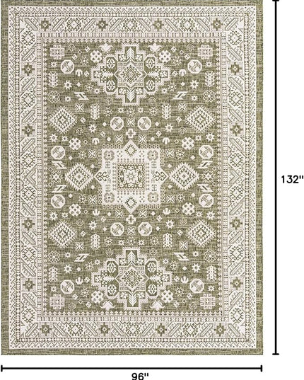 Rugs.com Outdoor Aztec Collection Rug – 8' x 11' Green Flatweave Rug Perfect for Living Rooms, Large Dining Rooms, Open Floorplans