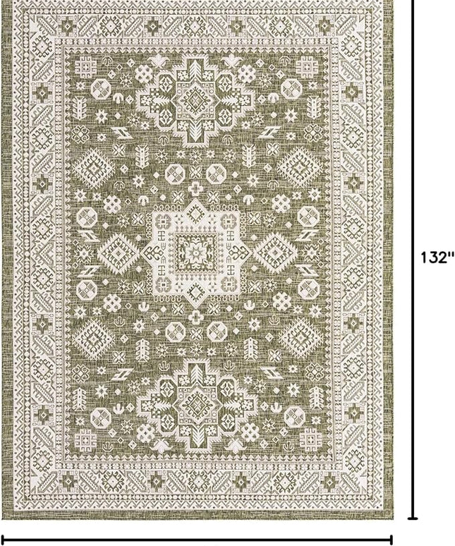 Rugs.com Outdoor Aztec Collection Rug – 8' x 11' Green Flatweave Rug Perfect for Living Rooms, Large Dining Rooms, Open Floorplans
