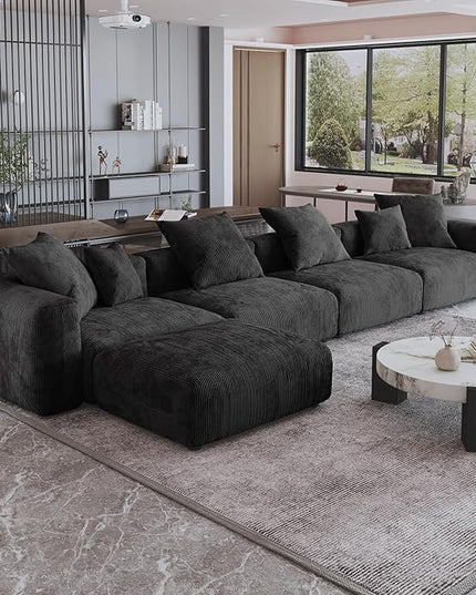 JACH 181" Oversized Modular Sectional Sofa, Deep 4-Seats Sectional Couch with Chaise Ottoman, Huge Plus Convertible Soft Sofas, Corduroy Minimalist Couches for Living Room, Office, Apartment, Black