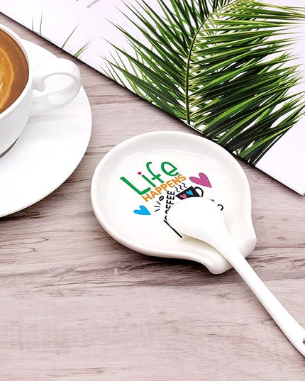 Funny Coffee Quote Colored Pattern Ceramic Coffee Spoon Holder-Coffee Spoon Rest -Coffee Station Decor Coffee Bar Accessories-Coffee Lovers Gift for Women and Men (Life Happens Coffee Helps)