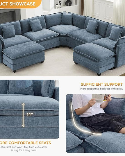 137'' V Shaped Cloud Sectional Sofa, Oversized Deep Seat Couches for Living Room, Chenille Comfy Upholstered Modular Sectional Sofa Couch with 2 Movable Ottoman, Blue