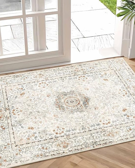 Small Rugs 2x3,Boho Rug for Entryway Bathroom Bedroom Kitchen Entrance Doormat,Vintage Bohemian Distressed Washable Accent Floor Throw Carpet Non Slip,Beige