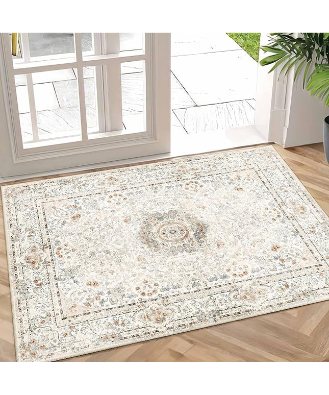 Small Rugs 2x3,Boho Rug for Entryway Bathroom Bedroom Kitchen Entrance Doormat,Vintage Bohemian Distressed Washable Accent Floor Throw Carpet Non Slip,Beige