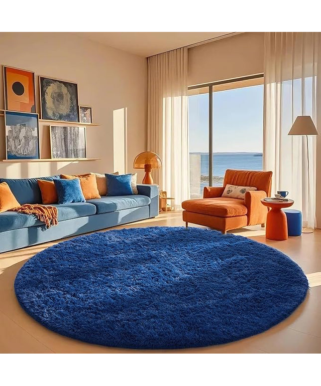 Ophanie Round Rug 7Ft Blue Circle Area Rug, Boys Room Decor, Fluffy Fuzzy Bedroom Carpet, Plush Soft Shaggy Living Room Rugs for Kids Home Decor Aesthetic, Nursery
