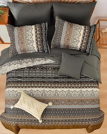 Cottolester Boho Comforter Set California King Size 8 Pieces,Brown Black Bohemian Comforter Paisley Striped Bed in A Bag,Soft Microfiber Bedding Set for All Season