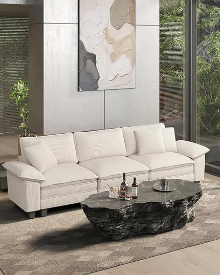 HERA'S HOUSE 124" Modular Sectional Sofa, Oversized Couches for Living Room, Comfy Cloud Couch 3-Seater Deep Seat Sofa with Throw Pillow, Corduroy Beige