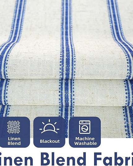 DriftAway Farmhouse Linen Blend Blackout Curtains 63 Inches Long for Bedroom Vertical Striped Printed Linen Curtains Thermal Insulated Lined Treatments for Living Room 2 Panels W52 x L63 Linen Navy