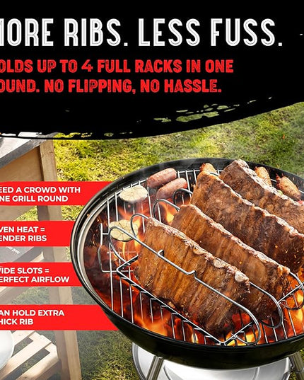 Rib Rack for Smoking & Grilling, Holds up to 4 Full Racks of Ribs, Foldable Design, Fits Large Gas Smoker or Charcoal Grill, Perfect BBQ Accessory, Smoker Accessories, Gifts for Men, Father
