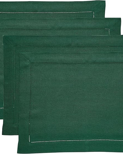 Solino Home Linen Placemats Set of 4 - Classic Hemstitch Rainforest Green Placemats 14 x 19 Inch - 100% Pure Linen Table Mats for Christmas, Holiday, Winter, New Year