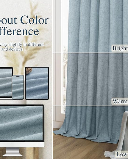 Guken Blue Linen Blackout Curtains 63 Inch Length 2 Panels Set for Living Room Bedroom Back Tab Thermal Insulated 100% Black Out Linen Drapes Room Darkening Window Curtains 63 Inches Long Dusty Blue