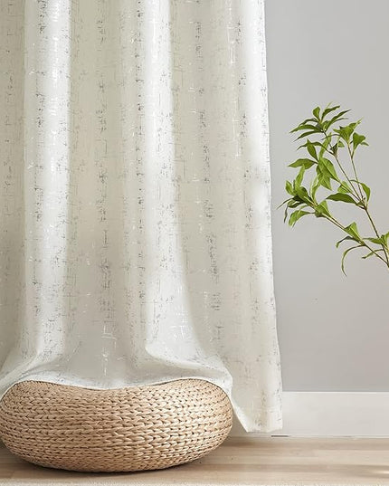 Taisier Home Silver Foil Print Linen Textured Curtains - Geometric Dots Pattern Design for Nursery, Toy Room - Thermal Insulated Window Treatment, 2 Panels, 54" L, Off White and Silver