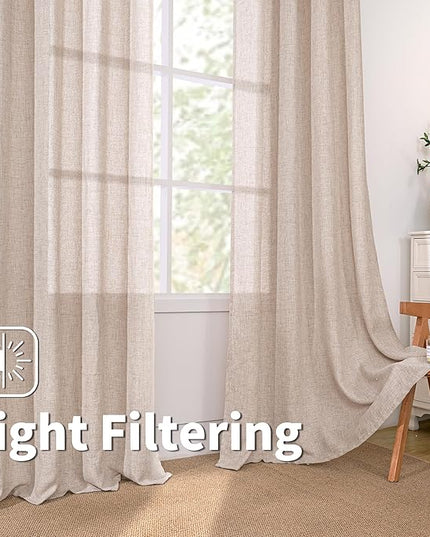 BGment Taupe Linen Curtains 95 Inch Long for Living Room - Burlap Textured Light Filtering Window Treatments Grommet Sheer Drapes for Farmhouse, 2 Panels, 52 X 95 Inch