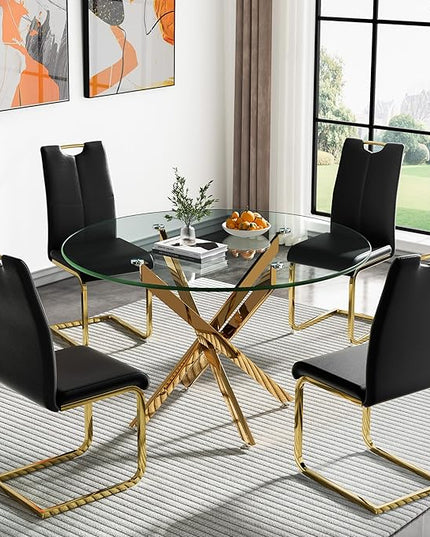 HomVent Round Glass Dining Table Set for 4, 5-Piece Modern Kitchen Table Set with 4 PU Upholstered Chair for Kitchen Dining Room, Glass Dining Room Table Set