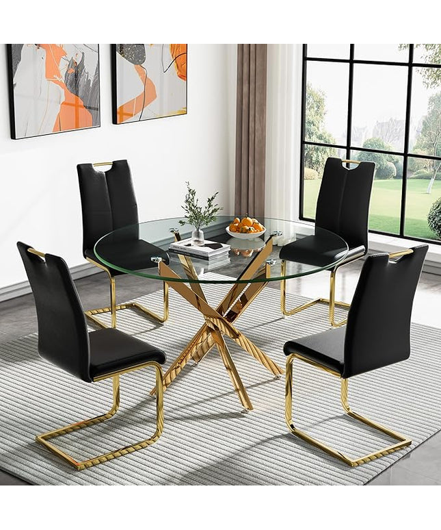 HomVent Round Glass Dining Table Set for 4, 5-Piece Modern Kitchen Table Set with 4 PU Upholstered Chair for Kitchen Dining Room, Glass Dining Room Table Set