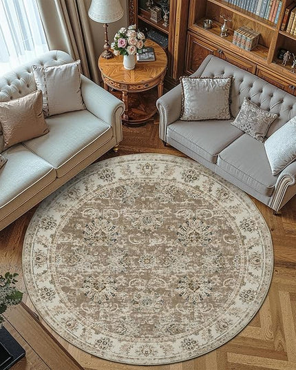 jinchan Fiora Round Rug 7ft Area Rug - Taupe Vintage Floor Mat Indoor Ultra-Thin Soft Floral Print - Washable Circle 7' Retro Accent for Farmhouse Non Slip Dining Room Living Room Bedroom Office