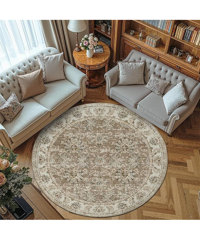 jinchan Fiora Round Rug 7ft Area Rug - Taupe Vintage Floor Mat Indoor Ultra-Thin Soft Floral Print - Washable Circle 7' Retro Accent for Farmhouse Non Slip Dining Room Living Room Bedroom Office