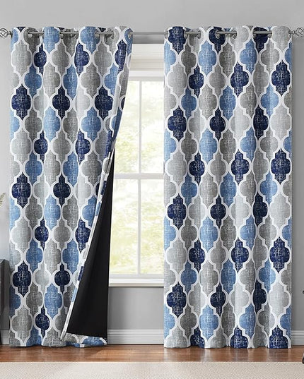 Beauoop 100% Blackout Curtains 90 Inches Long 2 Panels for Bedroom Living Room Blue Grey Moroccan Geo Room Darkening Thermal Insulated Soundproof Grommet Top Window Treatments Drapes, 50x90 Set of 2