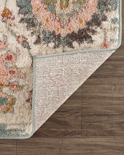 BoutiqueRugs Twilight Boho Vintage Colorful Area Rug - Farmhouse Traditional Floral Pink Carpet for Living Room, Bedroom - Cream, Green, Sage, Red, Gray, Taupe, Pink - 5'3" x 7' (5x7)