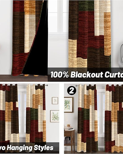 Brown Red Vintage 100% Blackout Curtains for Bedroom 96 inch Length 2 Panels Set Modern Abstract Geometric Black Out Curtains Insulated Room Darkening Window Drapes forLiving Room, 52Wx96L
