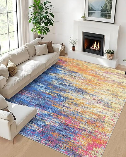 Washable Rug 9x12 Area Rug for Living Room, Non Slip Abstract Rug for Bedroom, Ultra Soft Area Rug, Low Pile Soft Contemporary Indoor Floor Carpet Cover, Blue/Orange