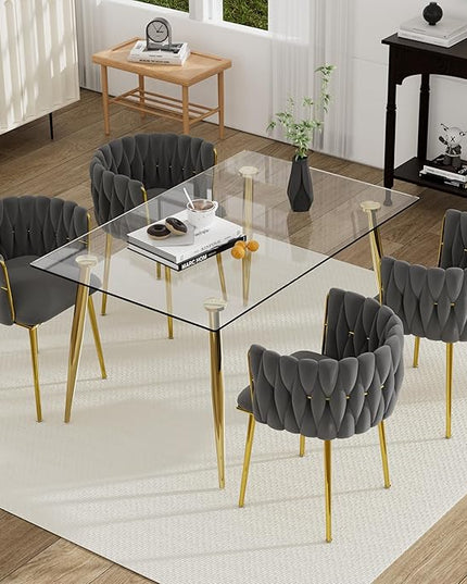 Modern Luxury Golden Dining Table Set, 5 Pcs Clear Glass Top Rectangle Kitchen Table Set, 51'' Minimalist Dinner Room Set for 4, Grey Retro Woven Dining Chair for Home Small Place