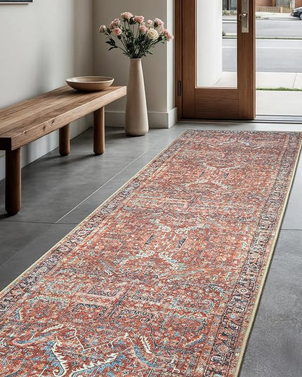 GLN Rugs Traditional Collection - Machine Washable Area Rug, Traditional Washable, Non Slip, Low Pile Chenille Rug, Living Room, Bedroom, Kitchen Rug (2'6"x10' Terra Cotta)