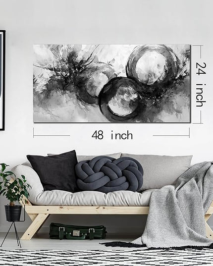 JuhaiArt Black Wall Art Large Abstract Picture Wall Decor White Canvas Art Circle Modern Artwork for Living Room Office 24"x 48"